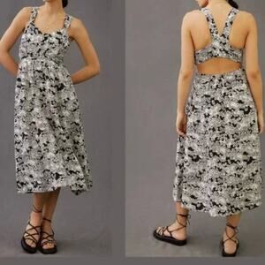 ANTHROPOLOGIE Black and White Cut Out Printed Midi Linen Blend Dress size Medium